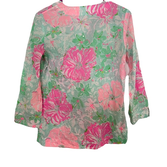 Lilly Pulitzer Pink and Green Floral Split Neck Cotton Shirt Size XS - Picture 2 of 3